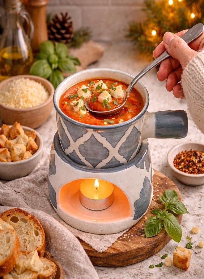 Kunhar طقم فوندو سيراميك من كونهار مع شمعتين صغيرتين، سعة 450 مل، (رمادي) - Image 1